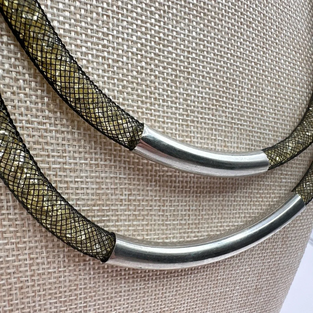 Vintage 90s Black Mesh Double Strand Glass Stone Necklace Silver Tone
